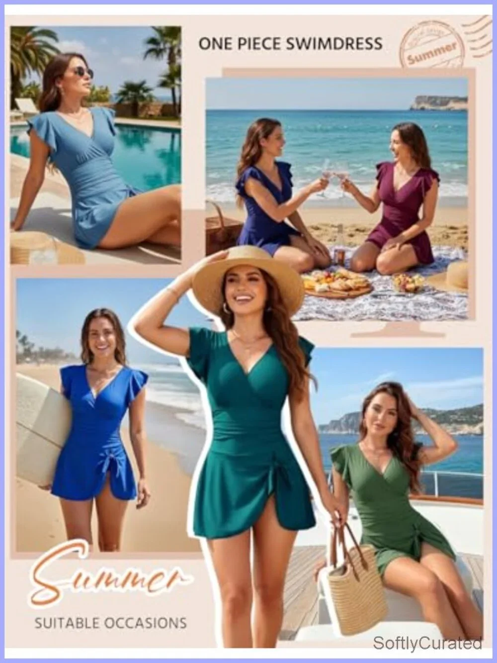 Women One Piece Swim Dress Tummy Control Ruched V Neck Ruffle Sleeve Skirt